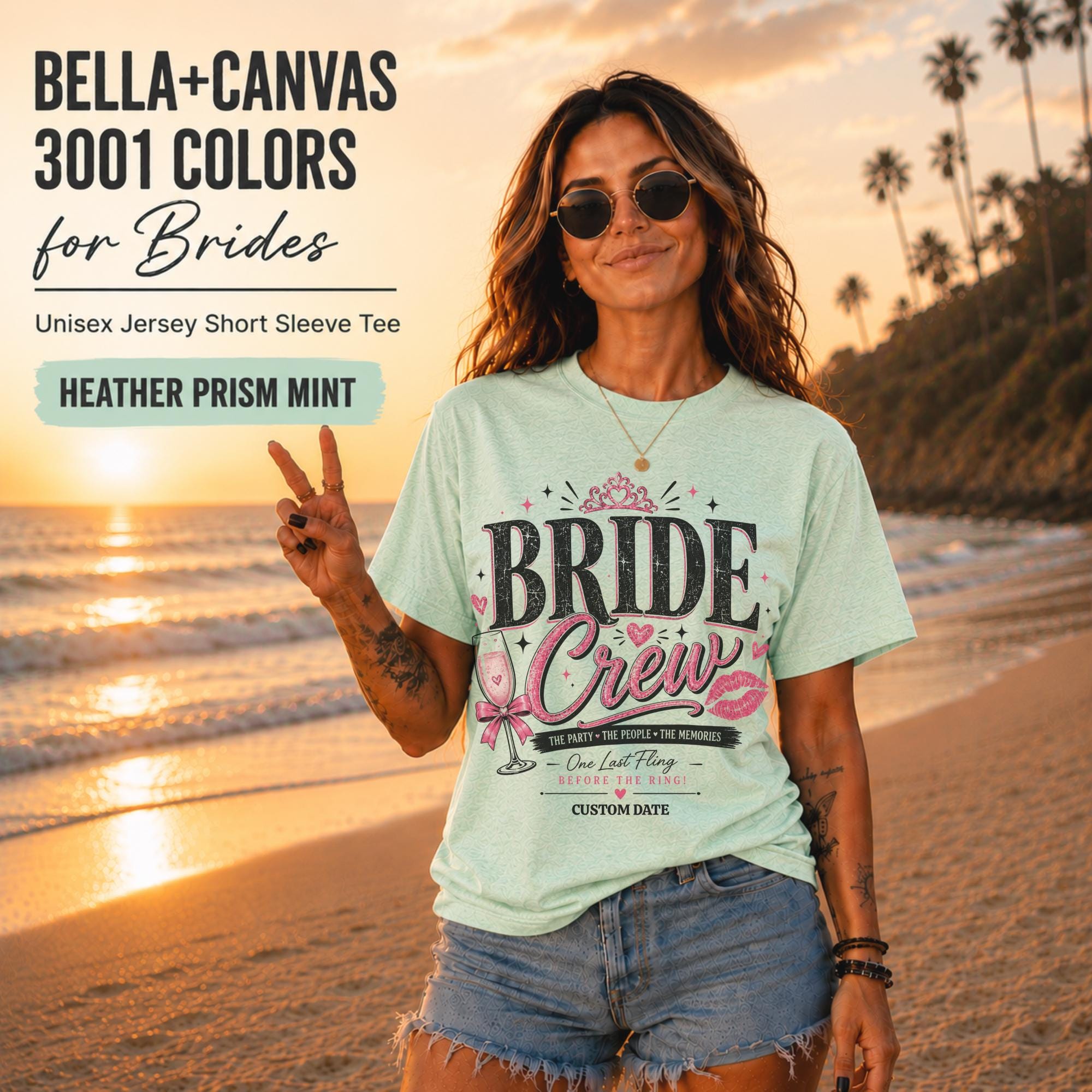 Bella+Canvas 3001 Heather Prism Mint bride crew shirt featuring a pink and black bachelorette design with champagne glass, crown, kiss mark, and customizable wedding date.