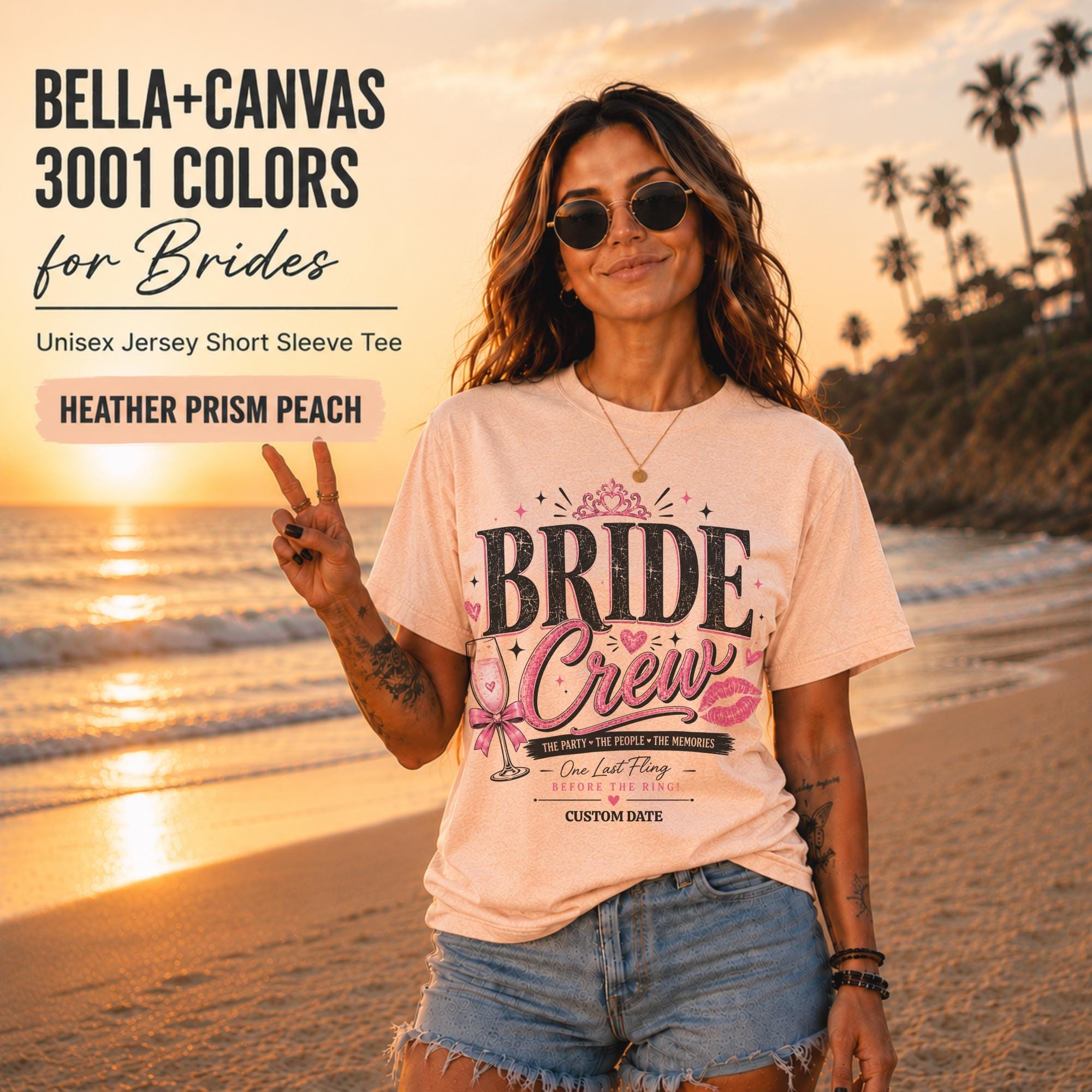 Bella+Canvas 3001 Heather Prism Peach bride crew shirt featuring a pink and black bachelorette design with champagne glass, crown, kiss mark, and customizable wedding date.