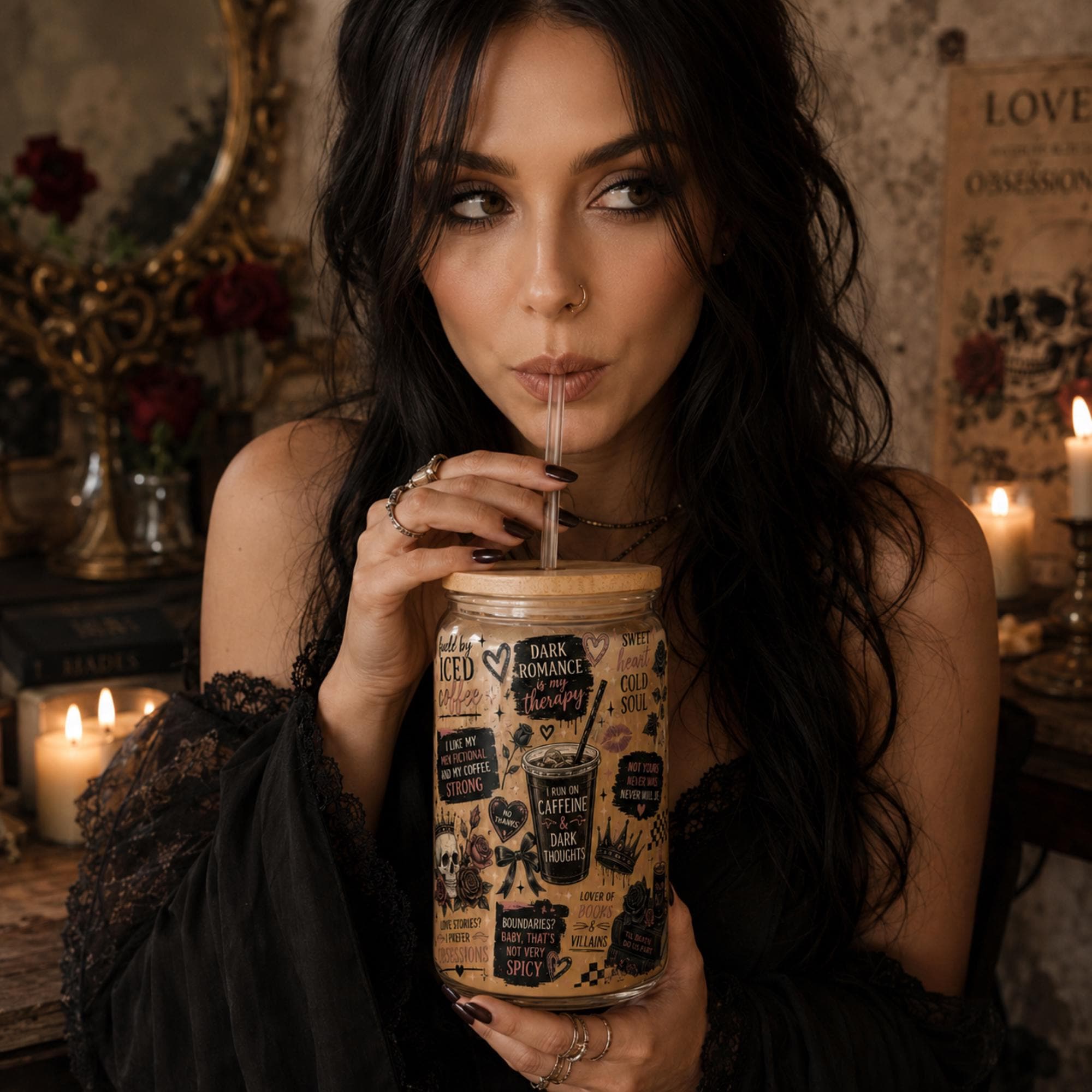 Dark romance glass can featuring gothic bookish collage artwork