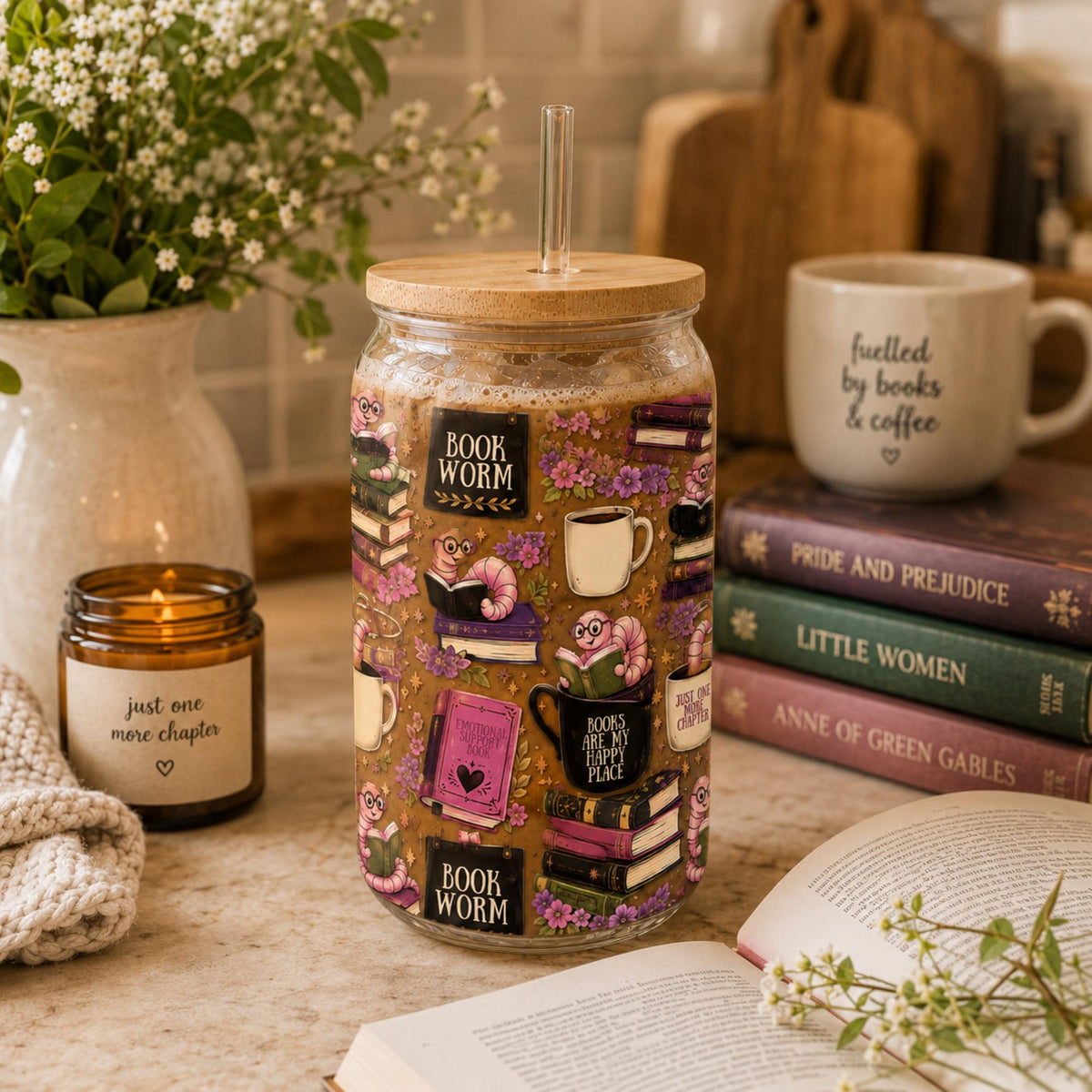 Reading lover glass cup decorated with books flowers and coffee mugs
