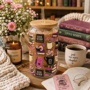 Booktok inspired drinkware featuring novels and cute bookworms