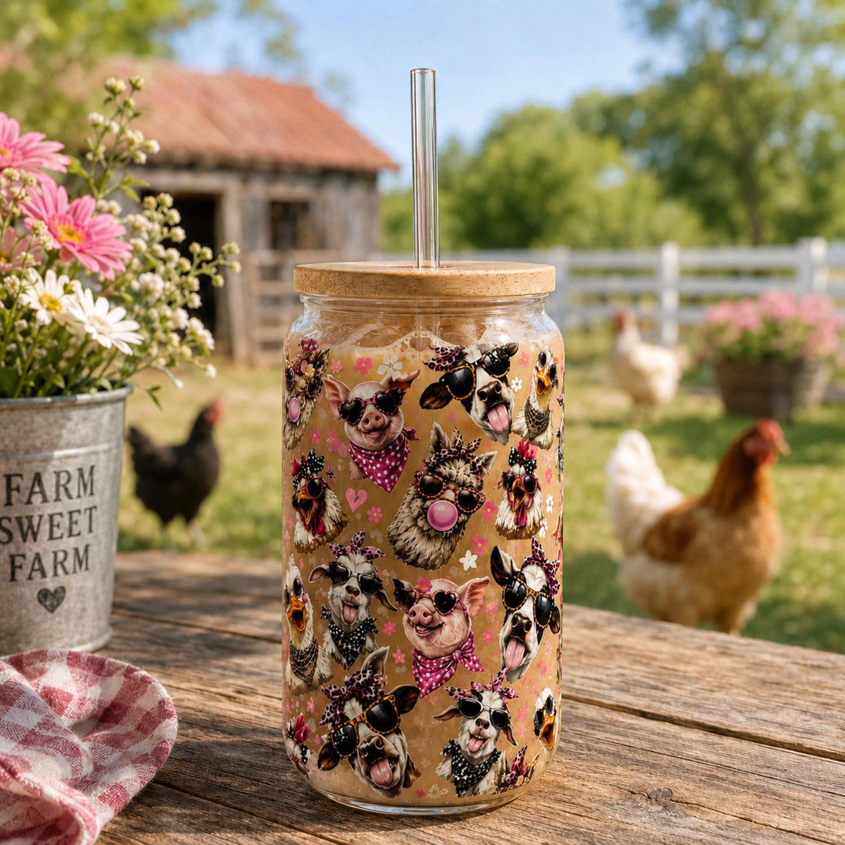 Farm animal glass can featuring cows pigs and chickens wearing sunglasses