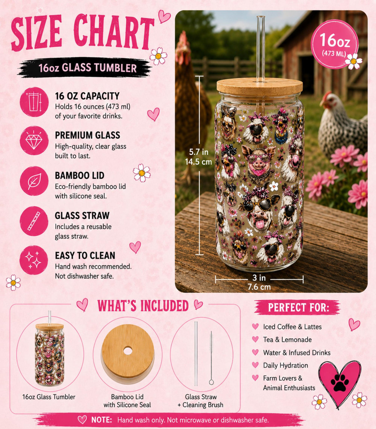 Size chart for a Farm animal glass can featuring cows pigs and chickens wearing sunglasses