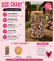 Size chart for a Farm animal glass can featuring cows pigs and chickens wearing sunglasses