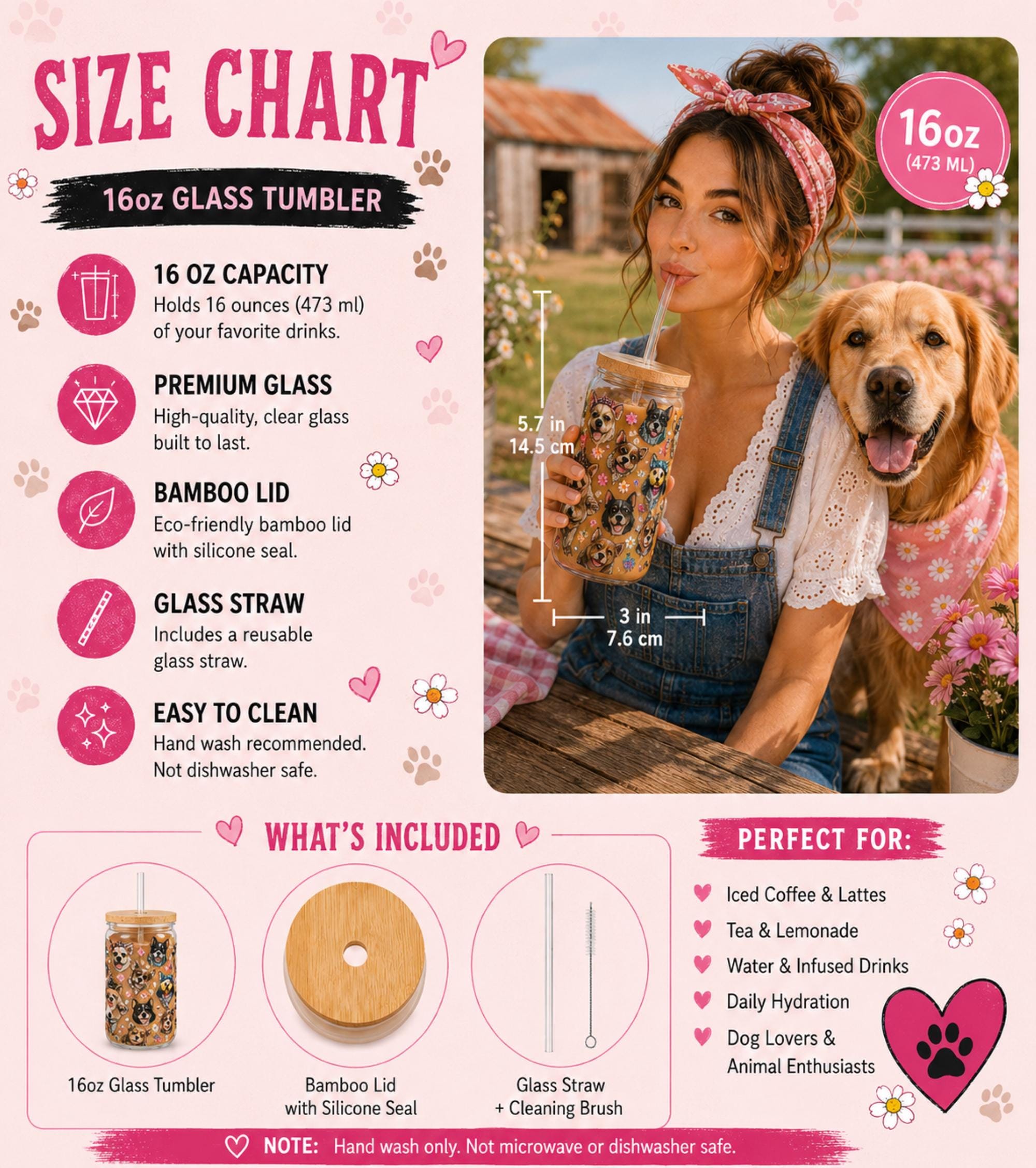 Size chart for a Dog mama drinkware perfect for iced coffee and tea