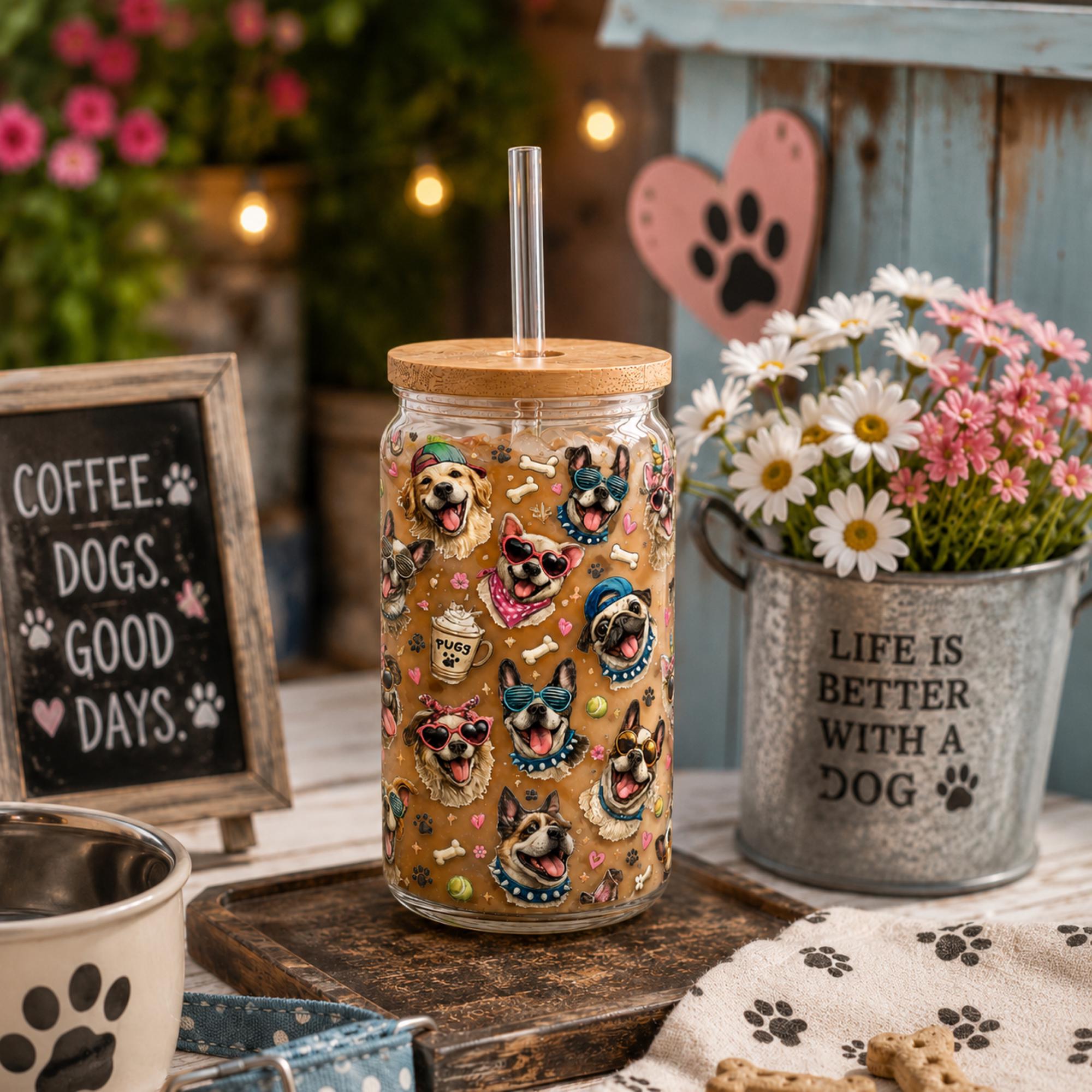 Cute dog tumbler featuring playful puppies and colorful pet designs