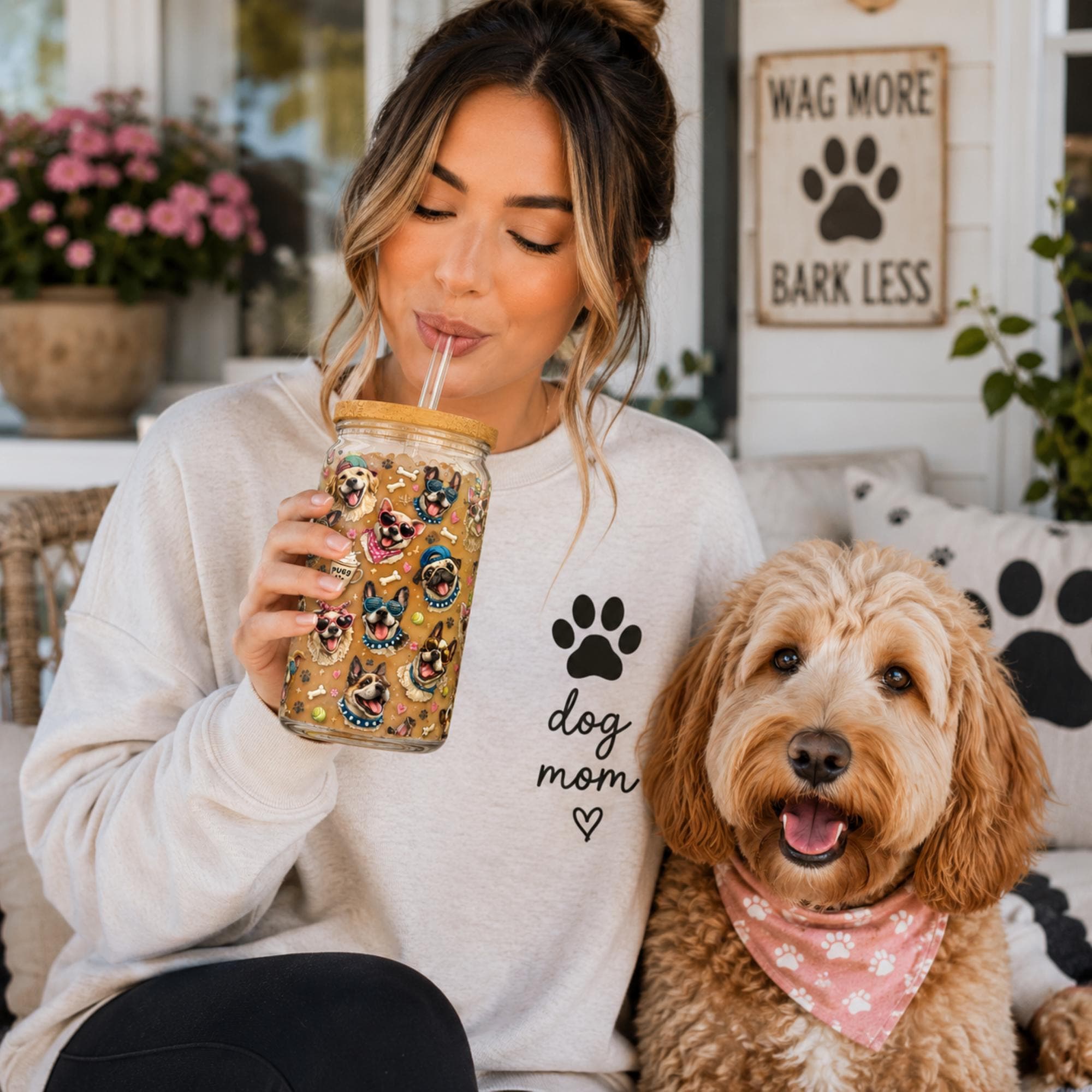 Dog mom glass can with adorable puppy themed wraparound artwork