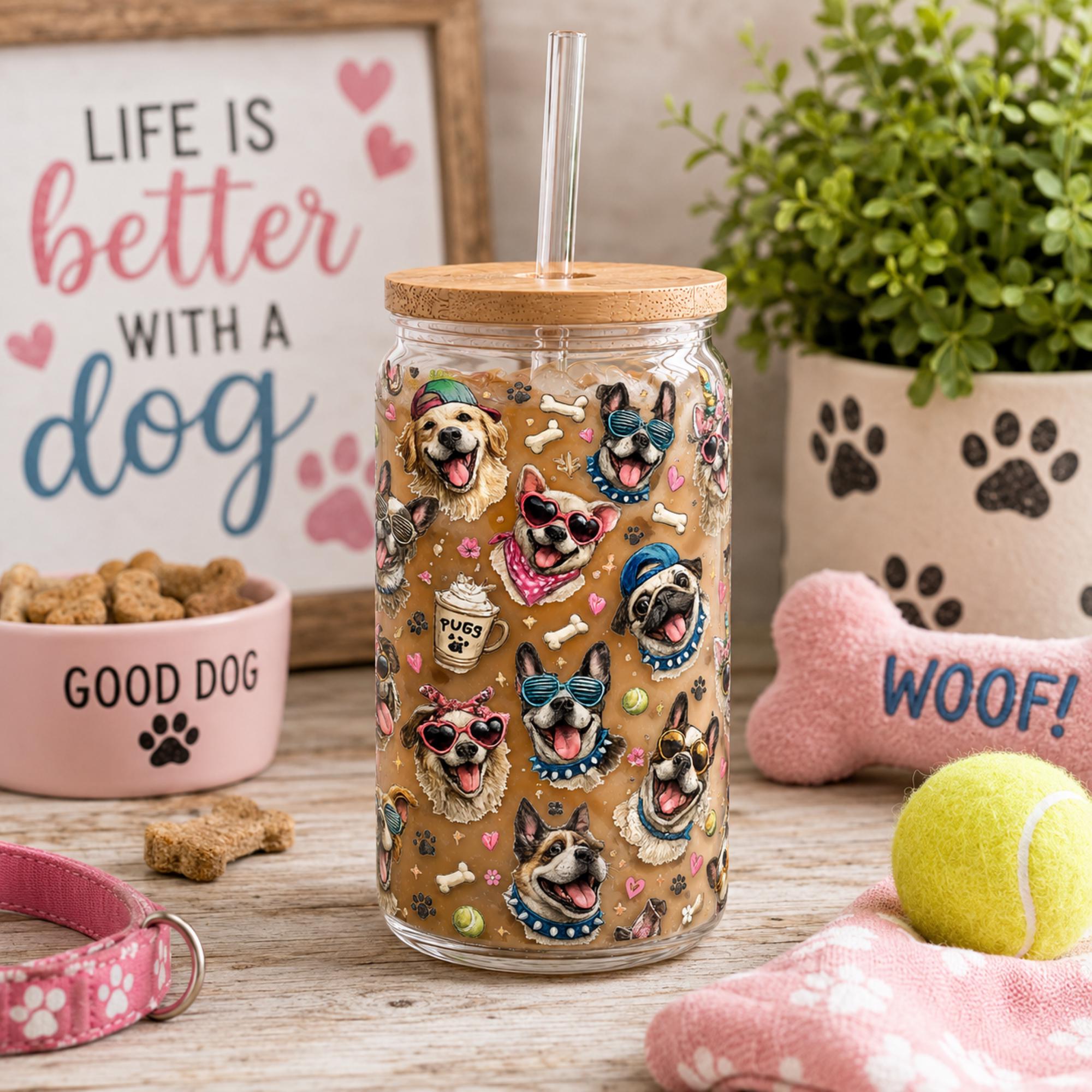 Pet lover glass cup with bamboo lid and reusable straw
