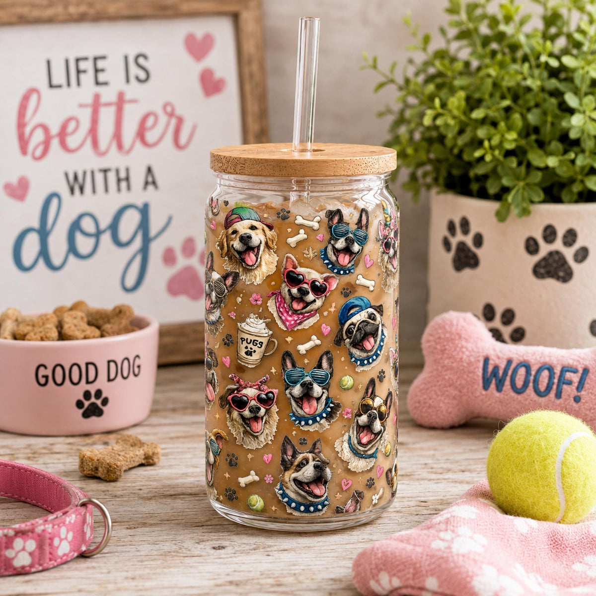 Pet lover glass cup with bamboo lid and reusable straw