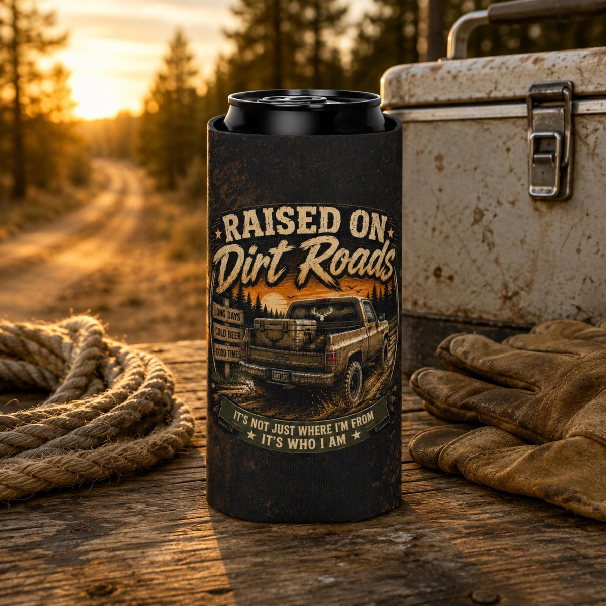 Slim can cooler featuring the "Raised on Dirt Roads" vintage pickup truck design on a rustic tailgate with an old cooler and country sunset backdrop, perfect for beer lovers, camping, and country living.