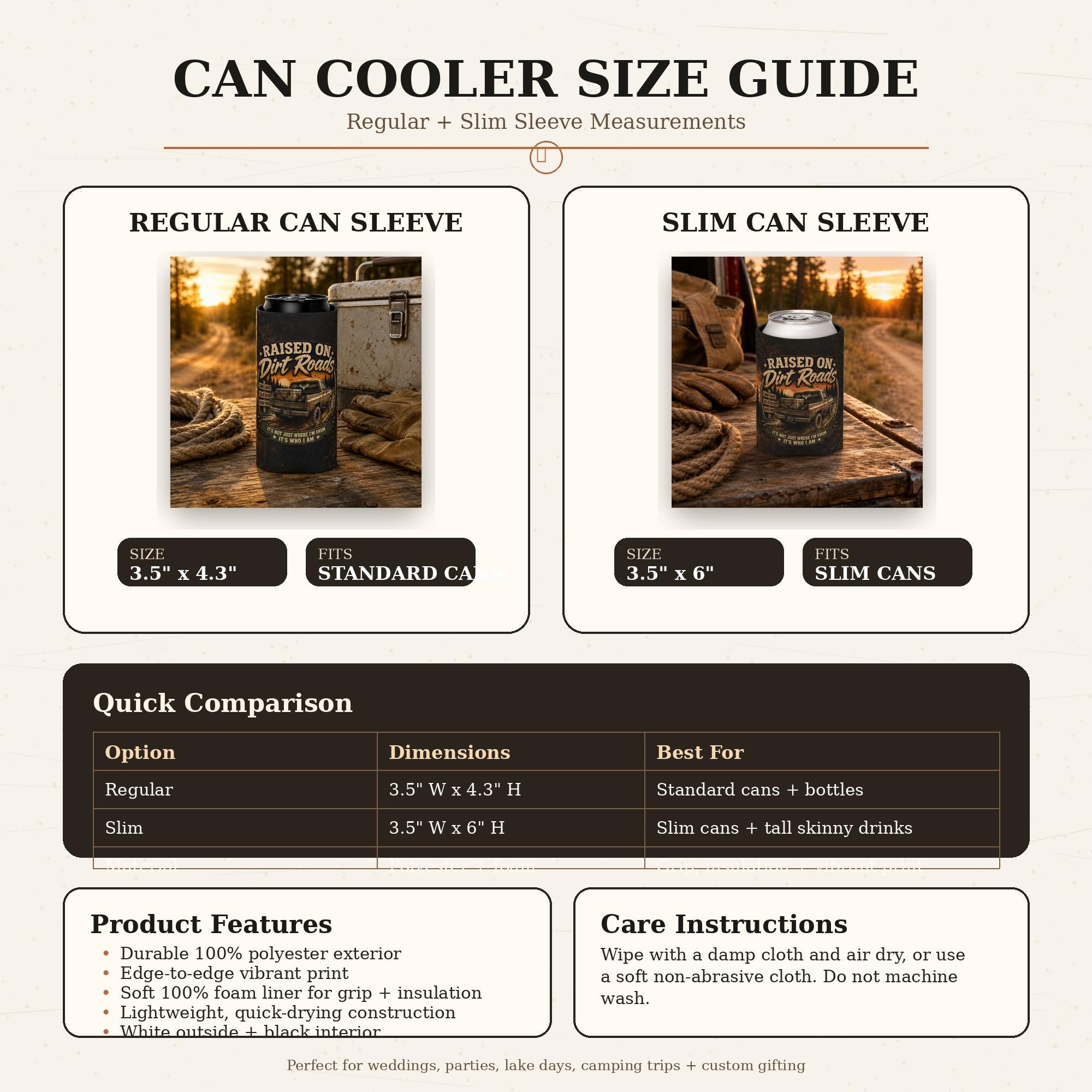 Size chart for a Reg & Slim Can cooler featuring the "Raised on Dirt Roads" vintage pickup truck design on a rustic tailgate with an old cooler and country sunset backdrop, perfect for beer lovers, camping, and country living.