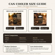 Size chart for a Reg & Slim Can cooler featuring the "Raised on Dirt Roads" vintage pickup truck design on a rustic tailgate with an old cooler and country sunset backdrop, perfect for beer lovers, camping, and country living.