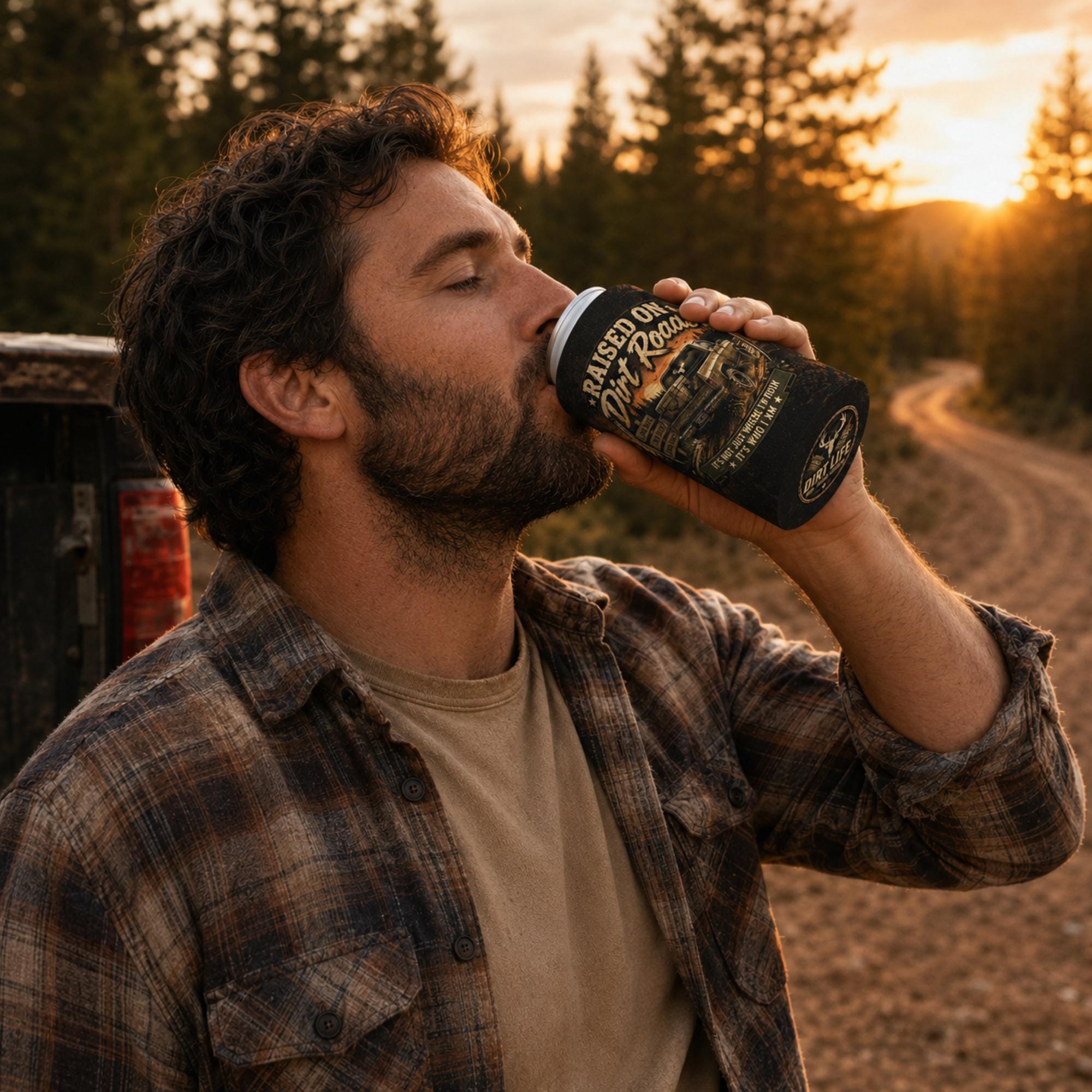 Man enjoying a drink outdoors at sunset while holding a "Raised on Dirt Roads" can cooler featuring a vintage pickup truck design, perfect for country living, camping, hunting, and rural lifestyle gifts.