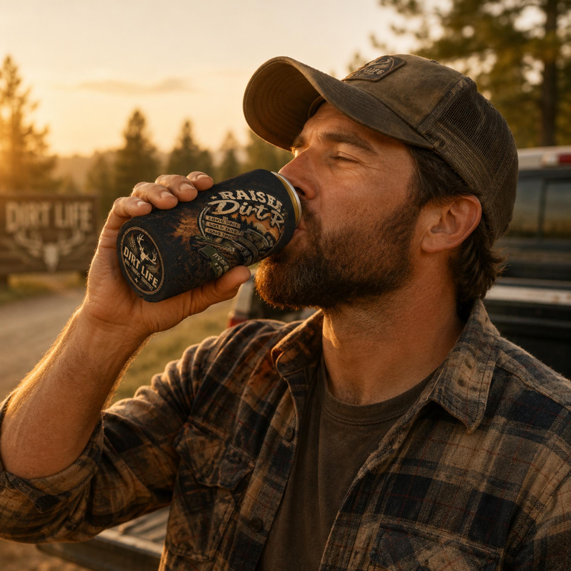 Man enjoying a drink outdoors at sunset while holding a "Raised on Dirt Roads" can cooler featuring a vintage pickup truck design, perfect for country living, camping, hunting, and rural lifestyle gifts