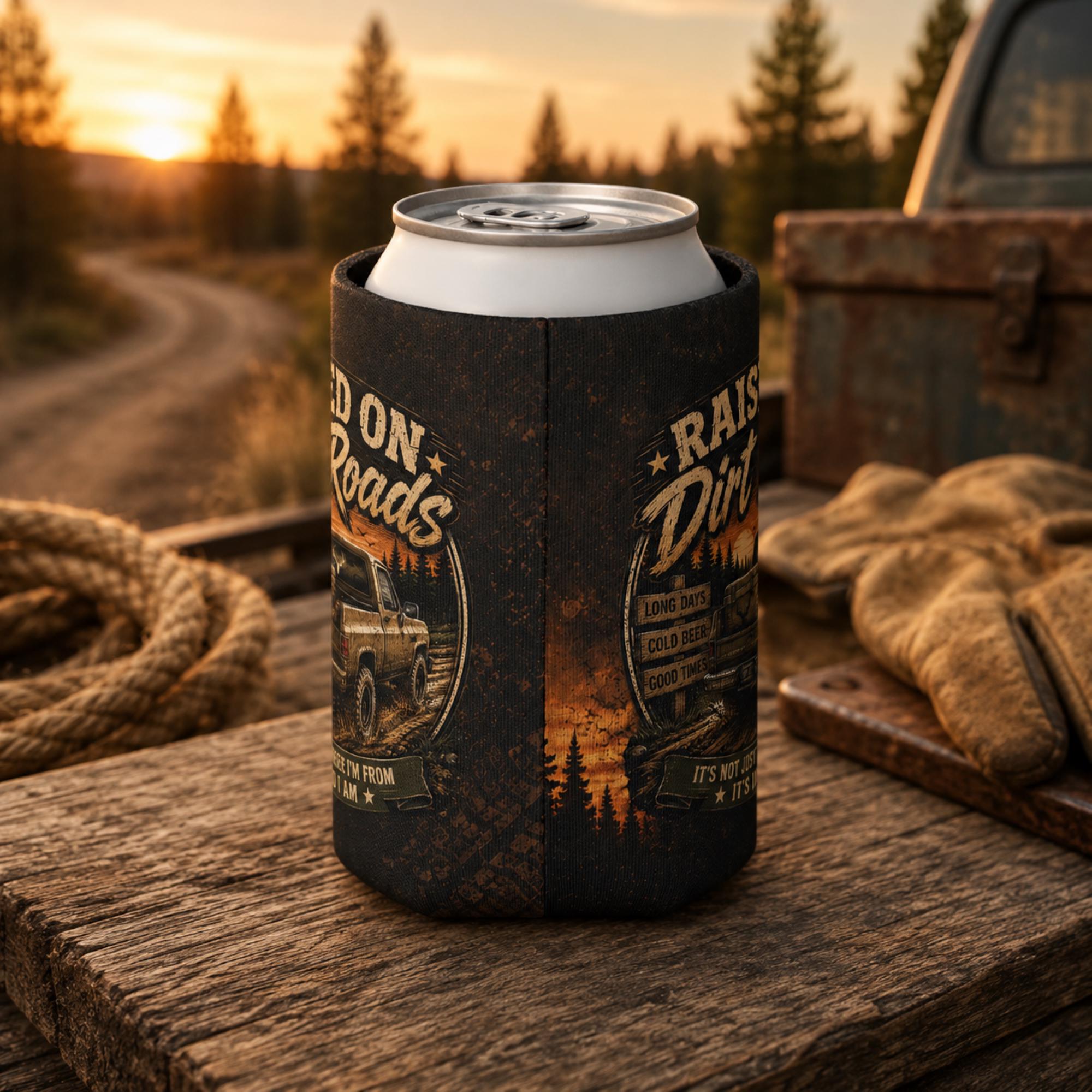 Regular can cooler with "Raised on Dirt Roads" vintage truck design displayed on a rustic wooden tailgate beside work gloves and rope at sunset, ideal for country, camping, and outdoor enthusiasts.