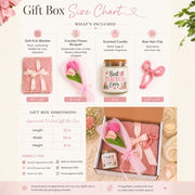 Size chart for Teacher appreciation gift box featuring a blush pink knit blanket, Best Teacher Ever candle, crochet flower bouquet, and pink bow clip arranged in elegant gift-ready packaging.