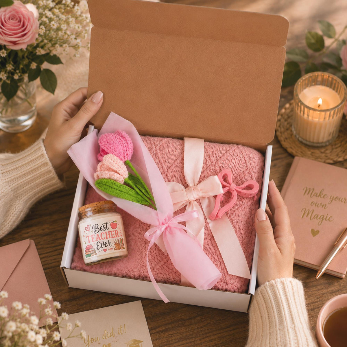 Teacher appreciation gift box featuring a blush pink knit blanket, Best Teacher Ever candle, crochet flower bouquet, and pink bow clip arranged in elegant gift-ready packaging.