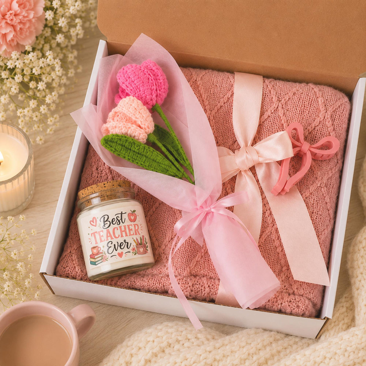 Teacher appreciation gift box featuring a blush pink knit blanket, Best Teacher Ever candle, crochet flower bouquet, and pink bow clip arranged in elegant gift-ready packaging.