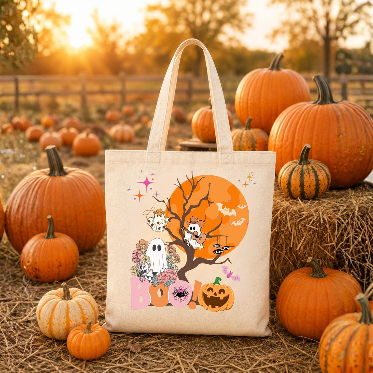 Tan tote bag with a Halloween design featuring a ghost, a pumpkin, and bats in front of a full moon. The text "BOO!" is printed on the bag.