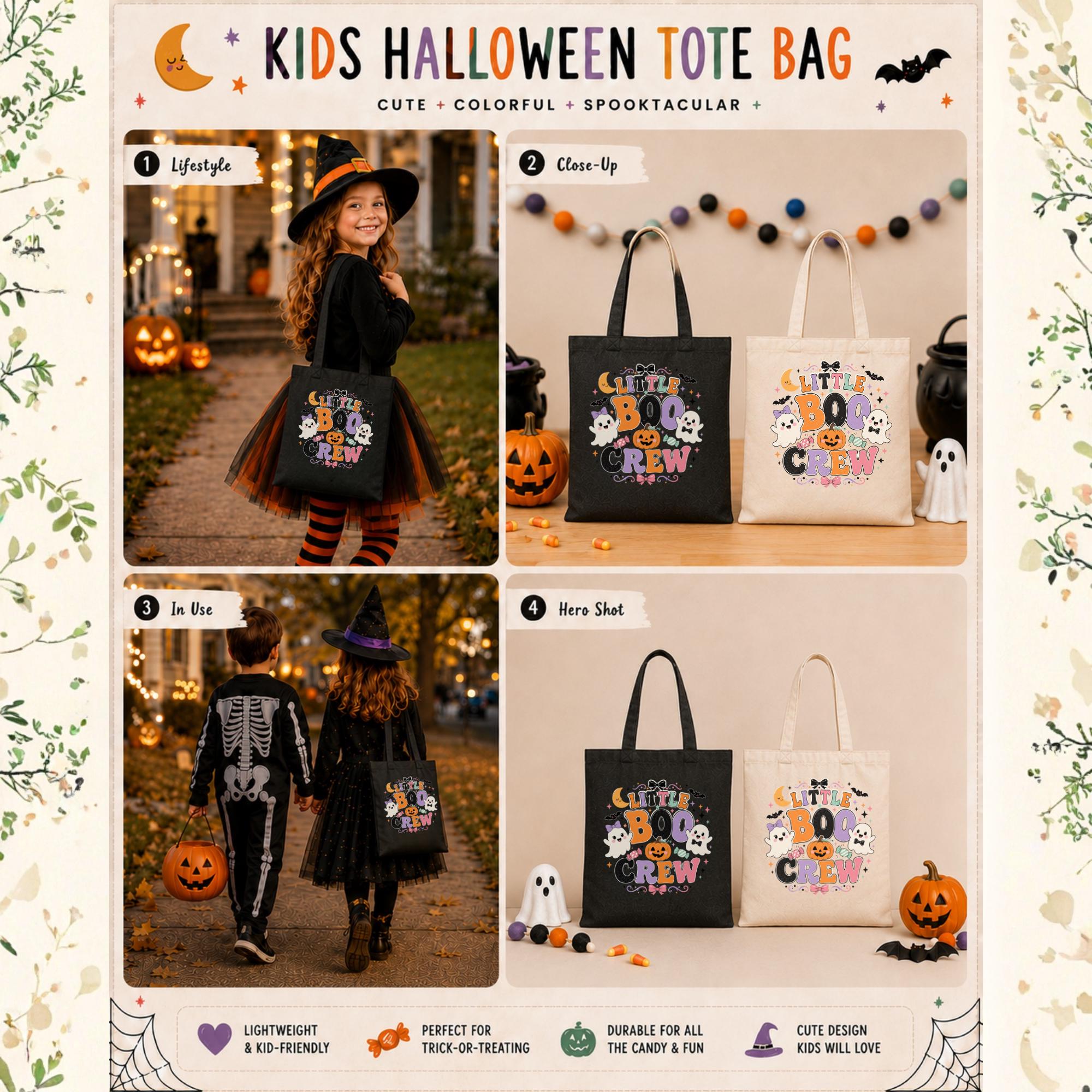 Kids Halloween tote bag mockup featuring Little Boo Crew design in black and natural canvas carried by children trick-or-treating