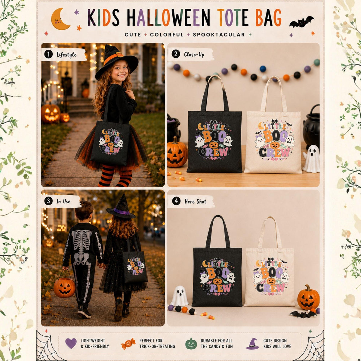 Kids Halloween tote bag mockup featuring Little Boo Crew design in black and natural canvas carried by children trick-or-treating