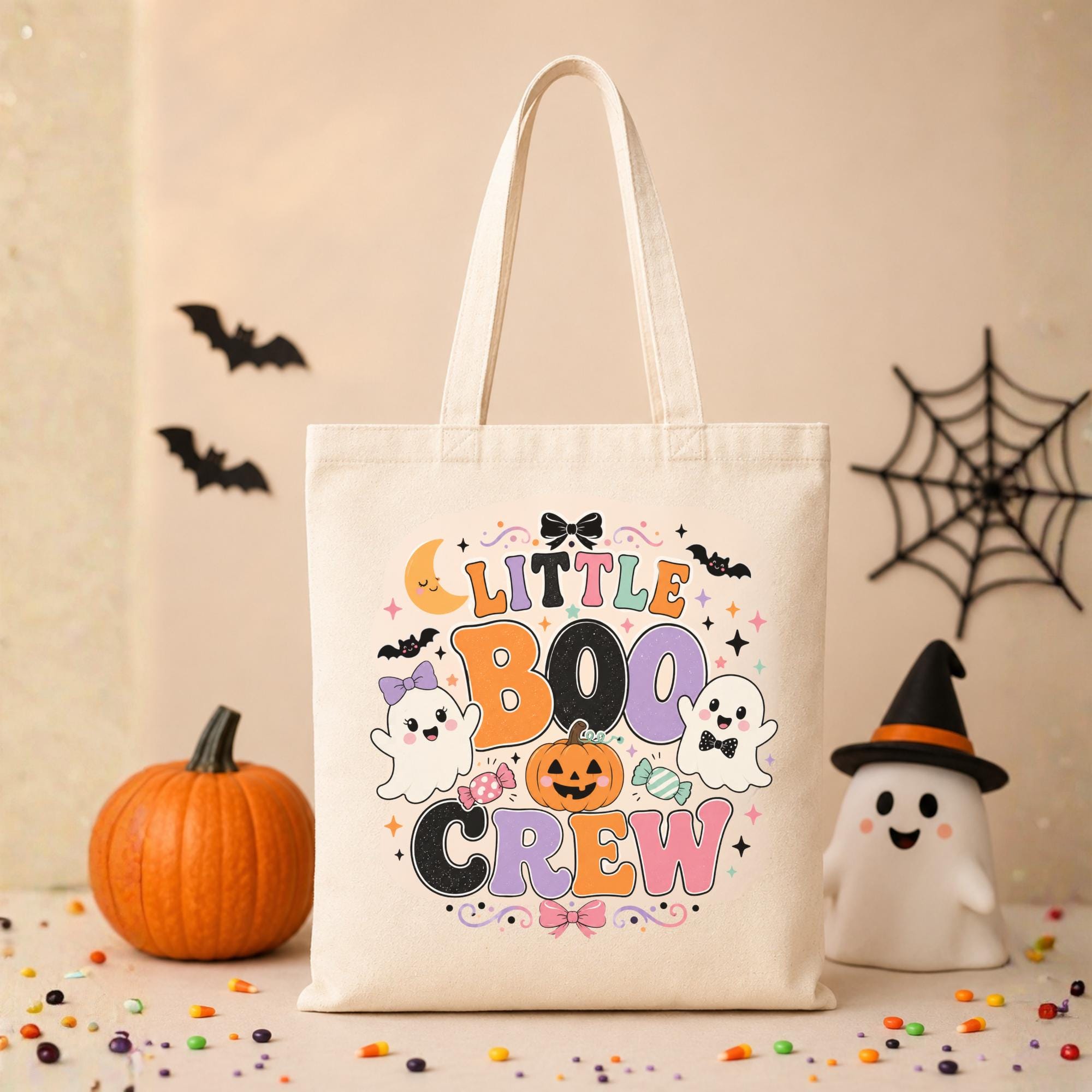 Cute Little Boo Crew Halloween canvas tote bag for kids with ghost, pumpkin, bat, and colorful spooky design