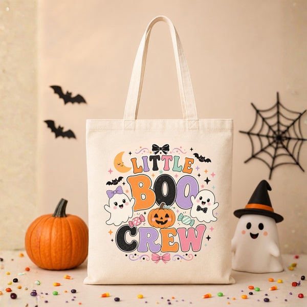 Cute Little Boo Crew Halloween canvas tote bag for kids with ghost, pumpkin, bat, and colorful spooky design