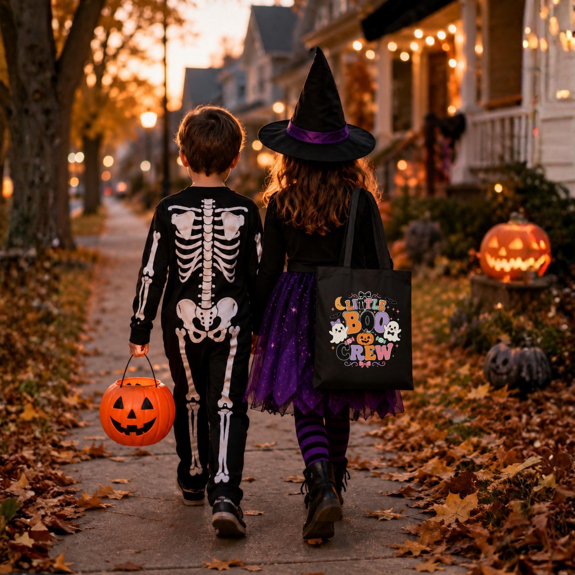 Heavyweight cotton Halloween tote bag for children displayed in black and natural canvas with colorful spooky artwork