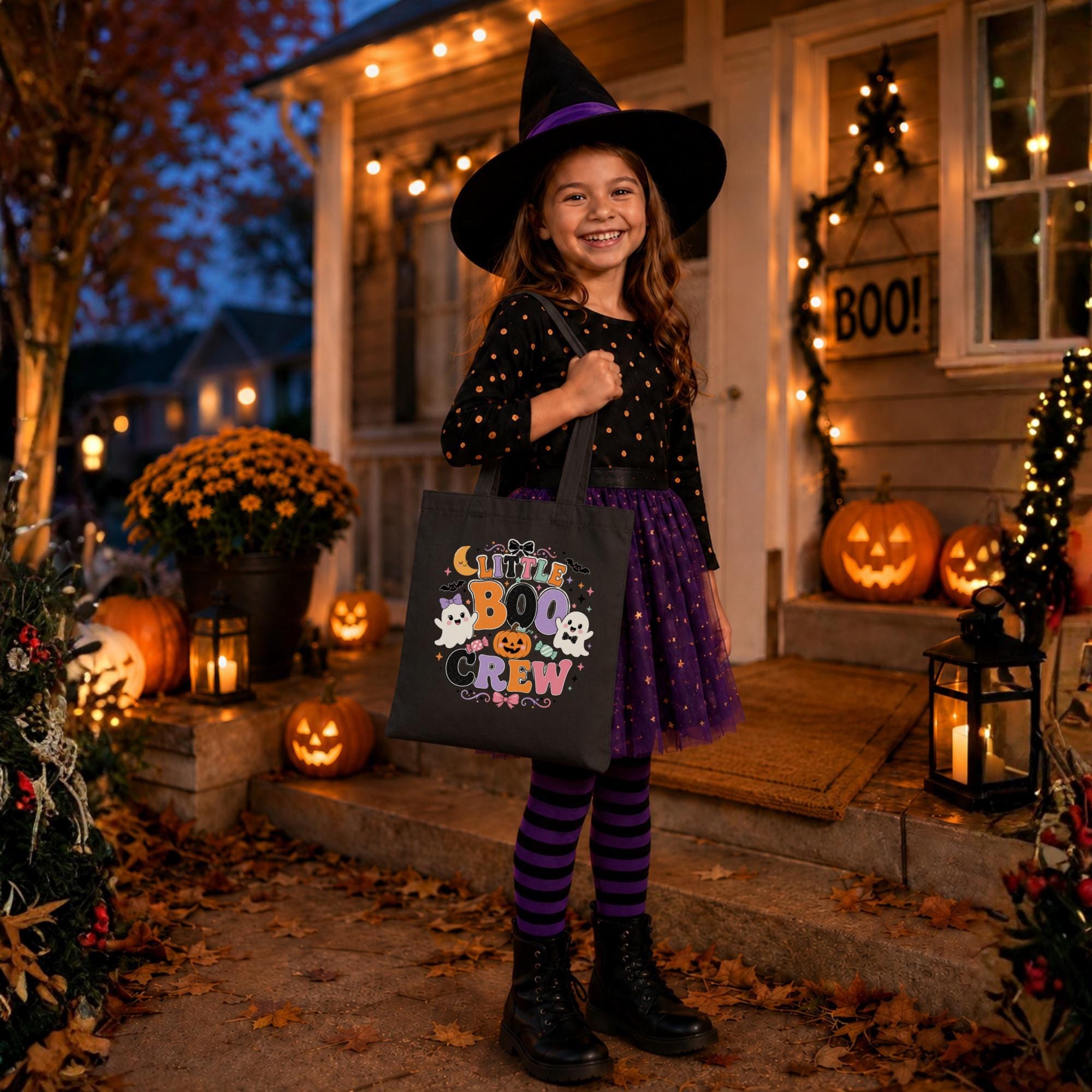 Little Boo Crew Halloween tote bag lifestyle photos featuring kids carrying reusable trick-or-treat bags