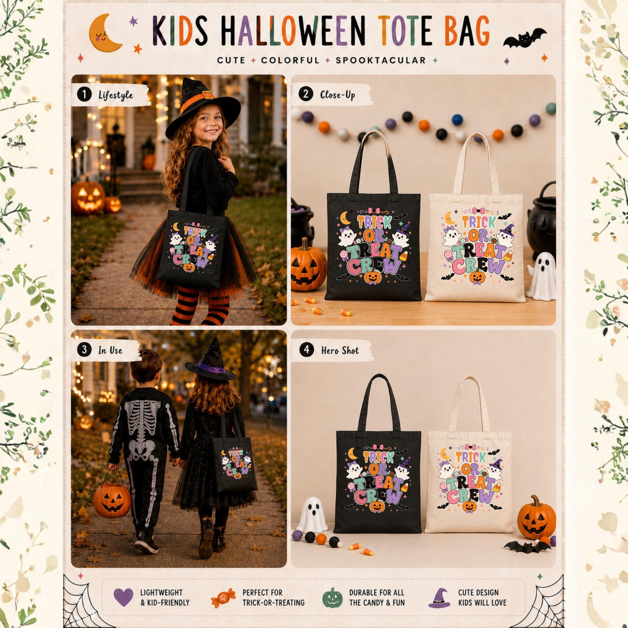 Black and natural canvas Halloween tote bags featuring the colorful "Trick or Treat Crew" design with cute ghosts, pumpkins, candy, bats, and stars for kids' trick-or-treating.