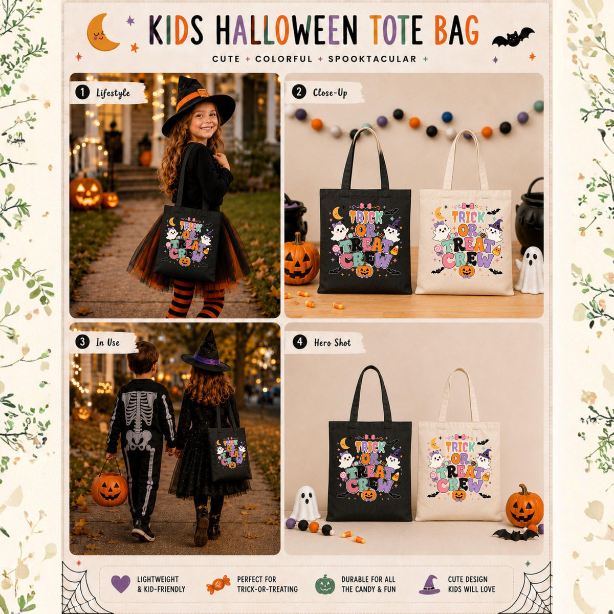 Black and natural canvas Halloween tote bags featuring the colorful "Trick or Treat Crew" design with cute ghosts, pumpkins, candy, bats, and stars for kids' trick-or-treating.