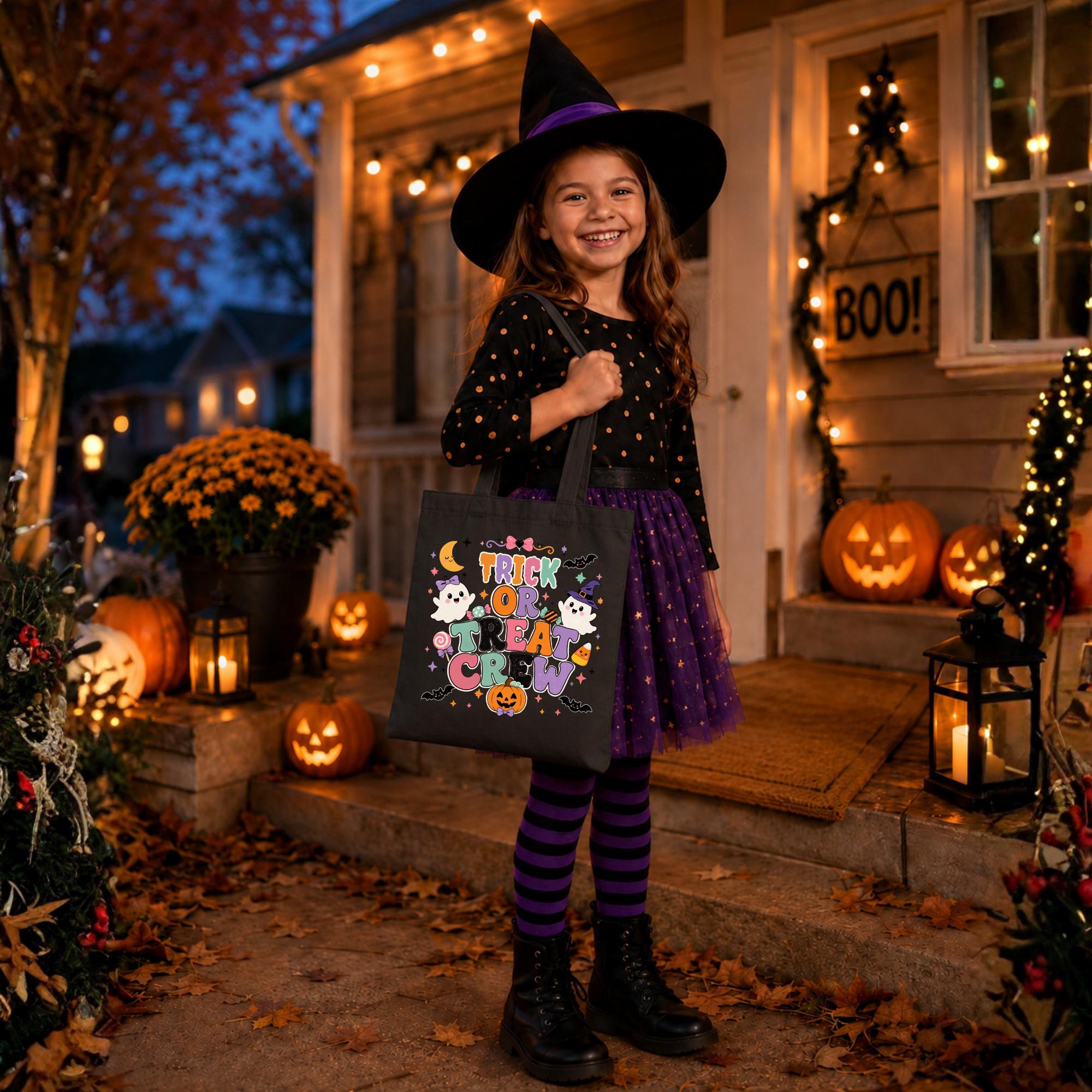Black and natural canvas Halloween tote bags featuring the colorful "Trick or Treat Crew" design with cute ghosts, pumpkins, candy, bats, and stars for kids' trick-or-treating.