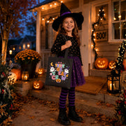 Black and natural canvas Halloween tote bags featuring the colorful "Trick or Treat Crew" design with cute ghosts, pumpkins, candy, bats, and stars for kids' trick-or-treating.
