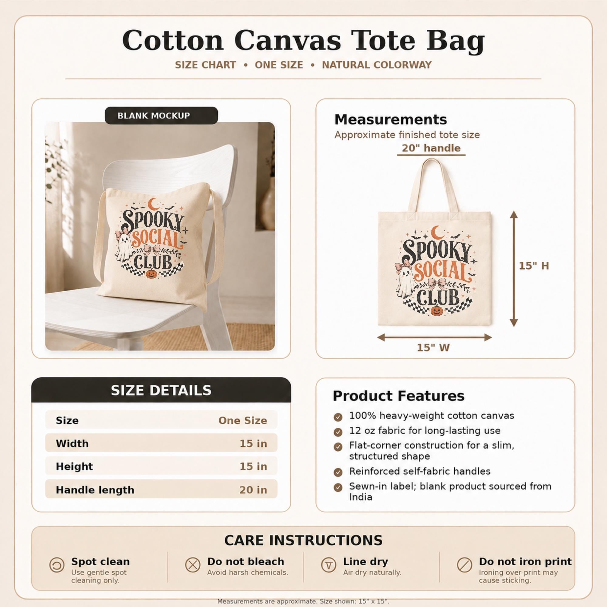 Size chart Natural canvas tote bag featuring a vintage Spooky Social Club design with a cute ghost, bows, bats, moon, pumpkin, and retro Halloween typography, perfect for everyday fall use and Halloween shopping.