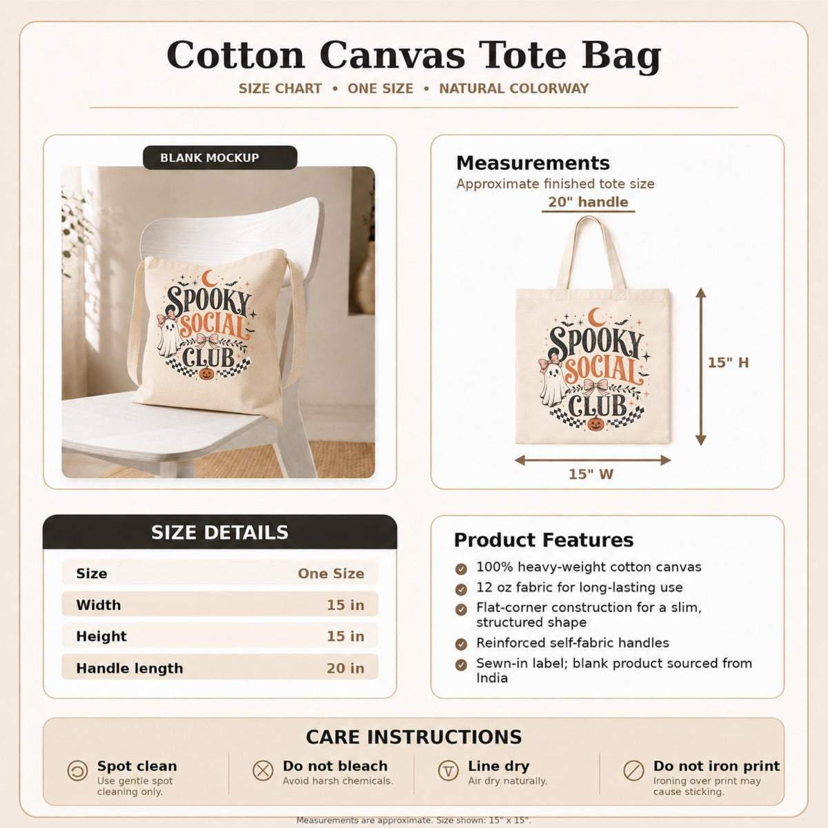 Size chart Natural canvas tote bag featuring a vintage Spooky Social Club design with a cute ghost, bows, bats, moon, pumpkin, and retro Halloween typography, perfect for everyday fall use and Halloween shopping.