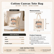 Size chart Natural canvas tote bag featuring a vintage Spooky Social Club design with a cute ghost, bows, bats, moon, pumpkin, and retro Halloween typography, perfect for everyday fall use and Halloween shopping.