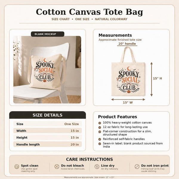 Size chart Natural canvas tote bag featuring a vintage Spooky Social Club design with a cute ghost, bows, bats, moon, pumpkin, and retro Halloween typography, perfect for everyday fall use and Halloween shopping.