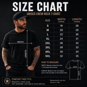 Gildan 5000 unisex t-shirt size chart with chest width and length measurements from Small through 5XL, including sizing guide and fit information for accurate ordering.