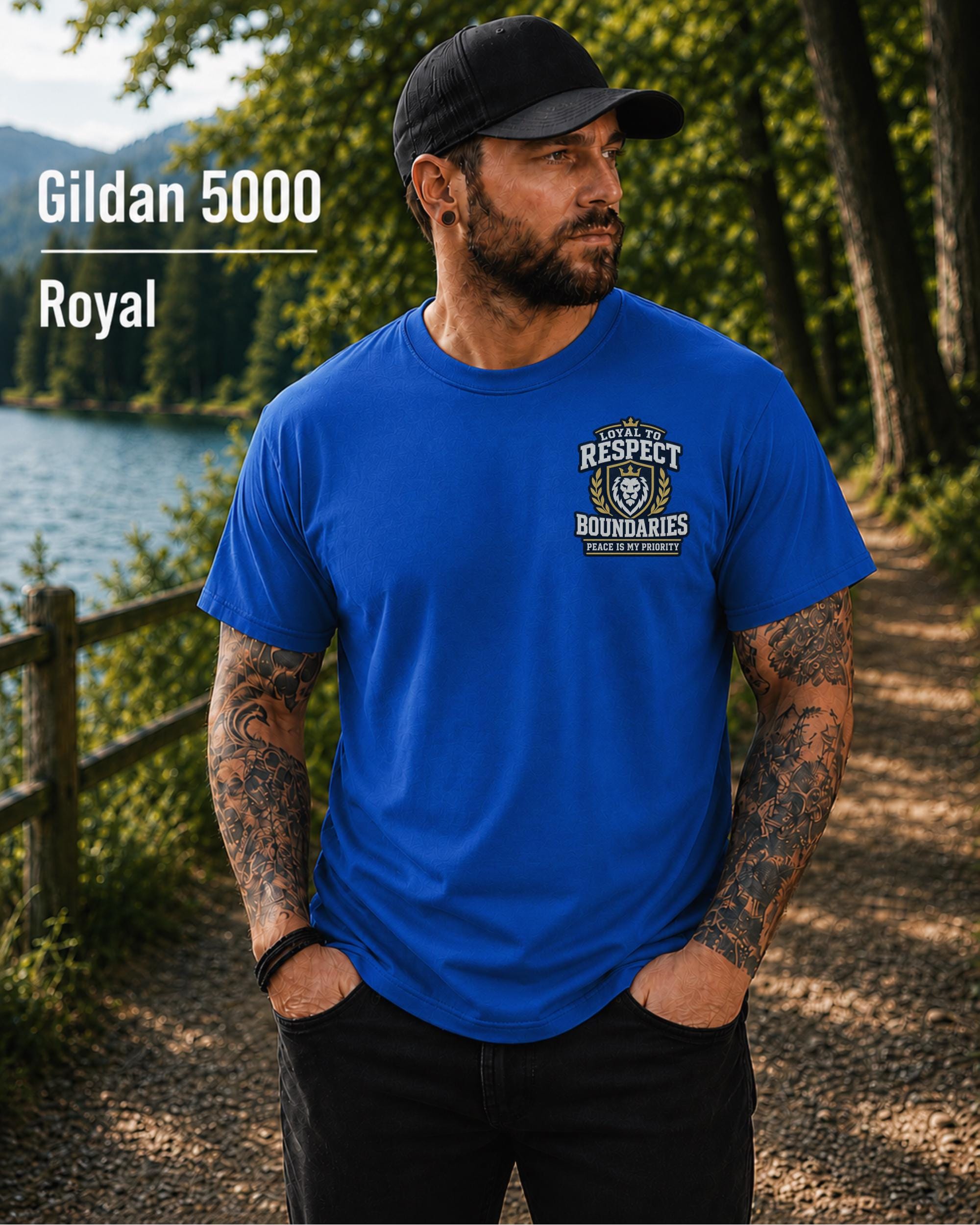 Royal Gildan 5000 unisex t-shirt featuring a small chest design reading "Respect Boundaries, Peace Is My Priority," minimalist front graphic for men with matching humorous back print.