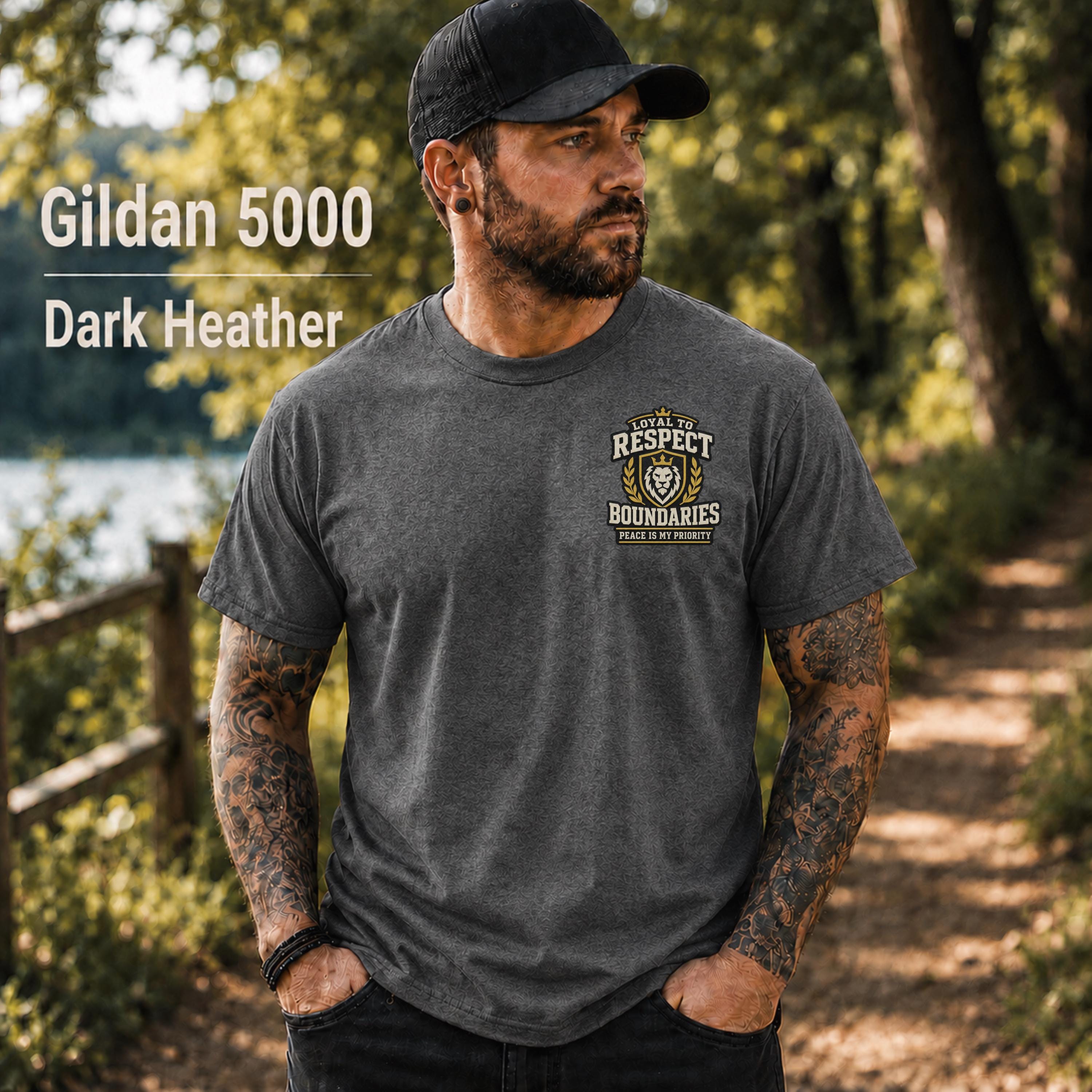 Dark Heather Gildan 5000 unisex t-shirt featuring a small chest design reading "Respect Boundaries, Peace Is My Priority," minimalist front graphic for men with matching humorous back print.