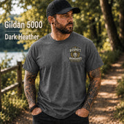 Dark Heather Gildan 5000 unisex t-shirt featuring a small chest design reading "Respect Boundaries, Peace Is My Priority," minimalist front graphic for men with matching humorous back print.
