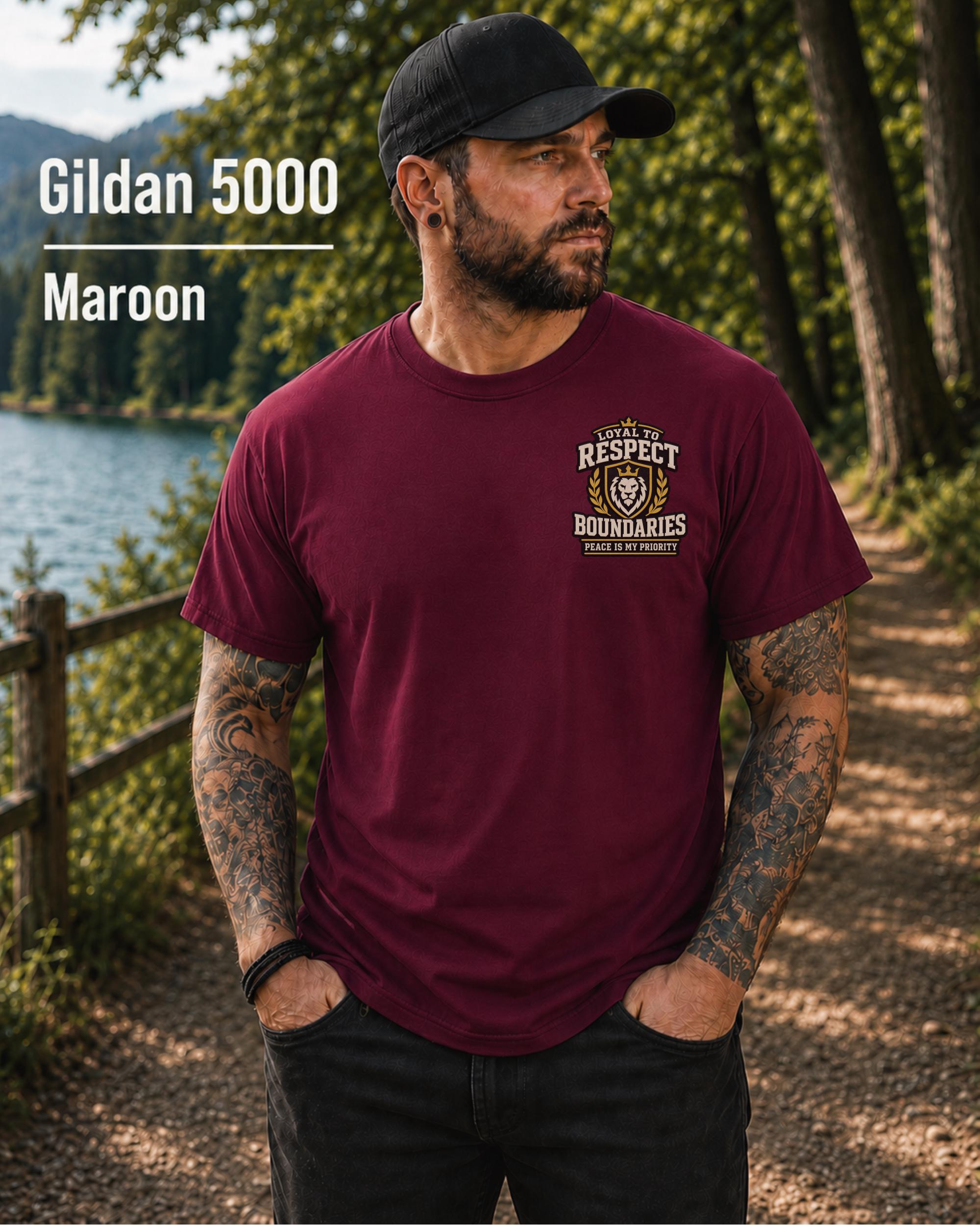 Maroon Gildan 5000 unisex t-shirt featuring a small chest design reading "Respect Boundaries, Peace Is My Priority," minimalist front graphic for men with matching humorous back print.
