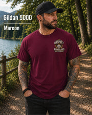 Maroon Gildan 5000 unisex t-shirt featuring a small chest design reading "Respect Boundaries, Peace Is My Priority," minimalist front graphic for men with matching humorous back print.