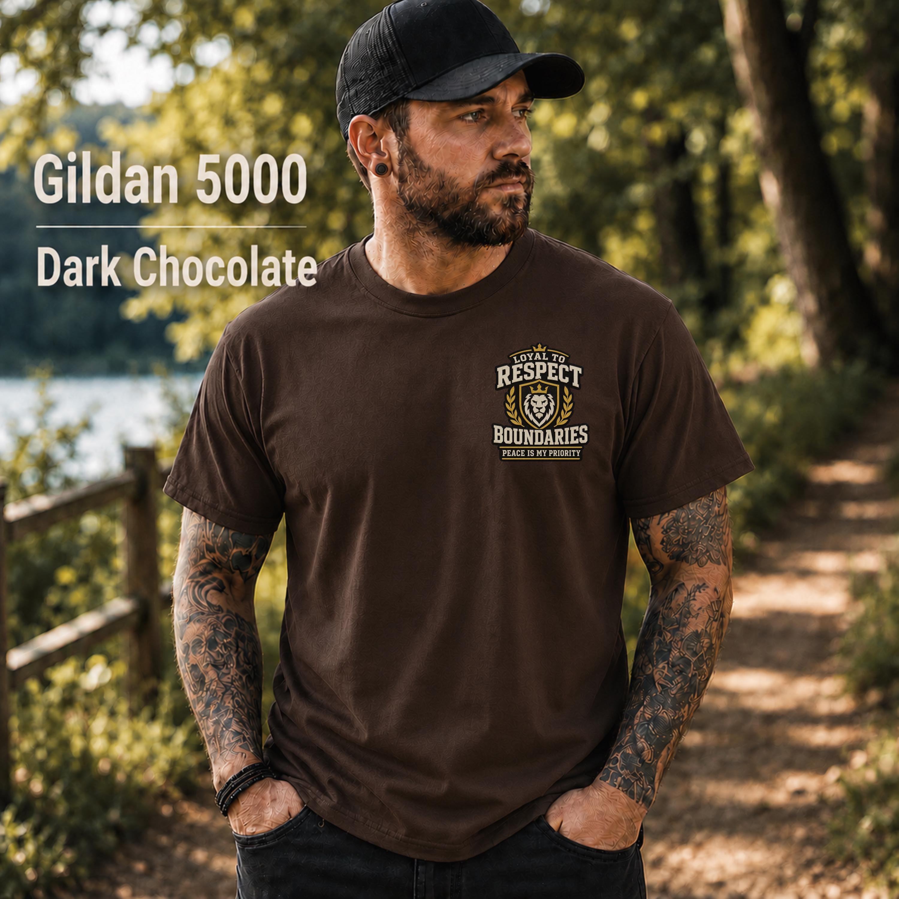 Dark Chocolate Gildan 5000 unisex t-shirt featuring a small chest design reading "Respect Boundaries, Peace Is My Priority," minimalist front graphic for men with matching humorous back print.