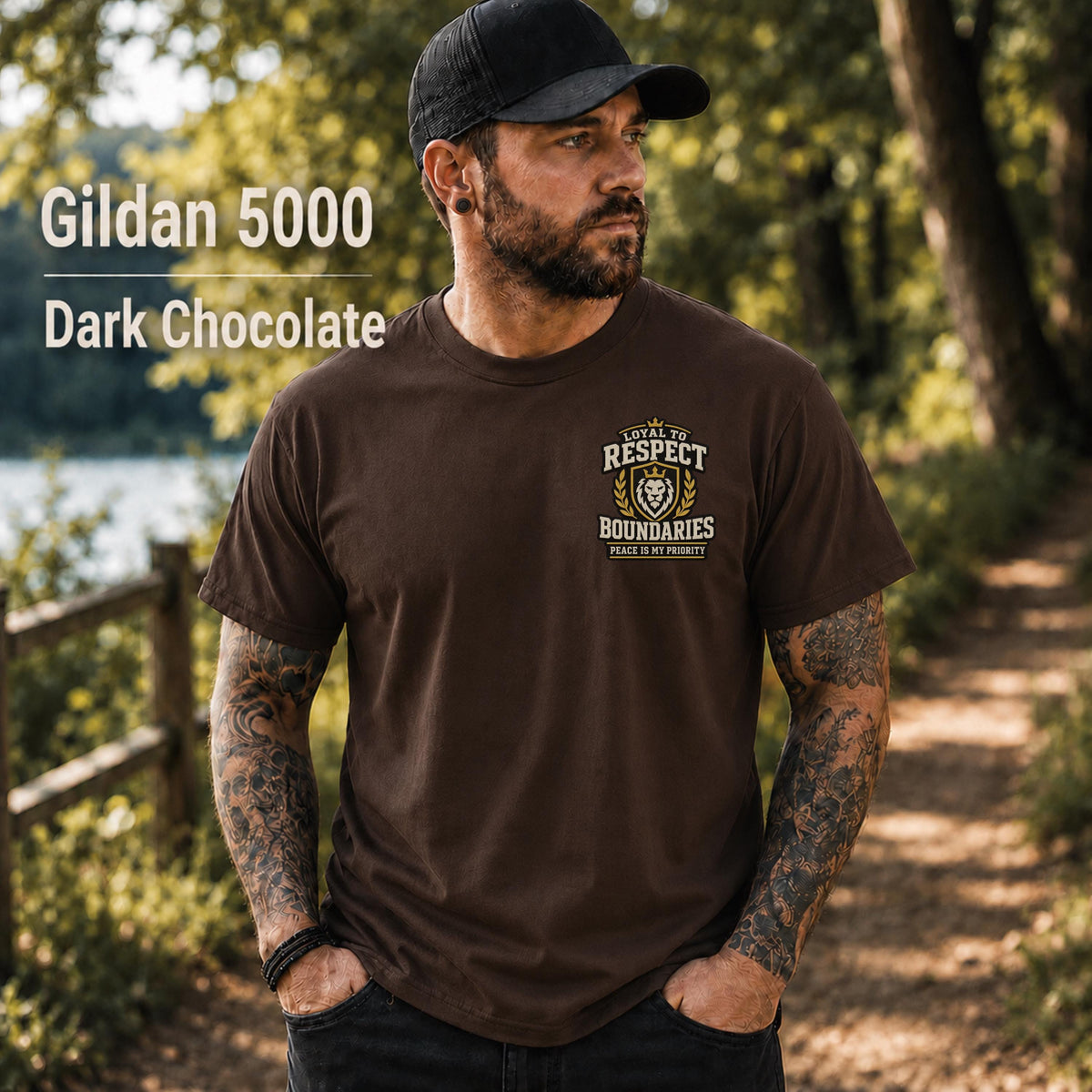 Dark Chocolate Gildan 5000 unisex t-shirt featuring a small chest design reading "Respect Boundaries, Peace Is My Priority," minimalist front graphic for men with matching humorous back print.