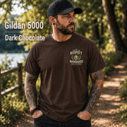 Dark Chocolate Gildan 5000 unisex t-shirt featuring a small chest design reading "Respect Boundaries, Peace Is My Priority," minimalist front graphic for men with matching humorous back print.