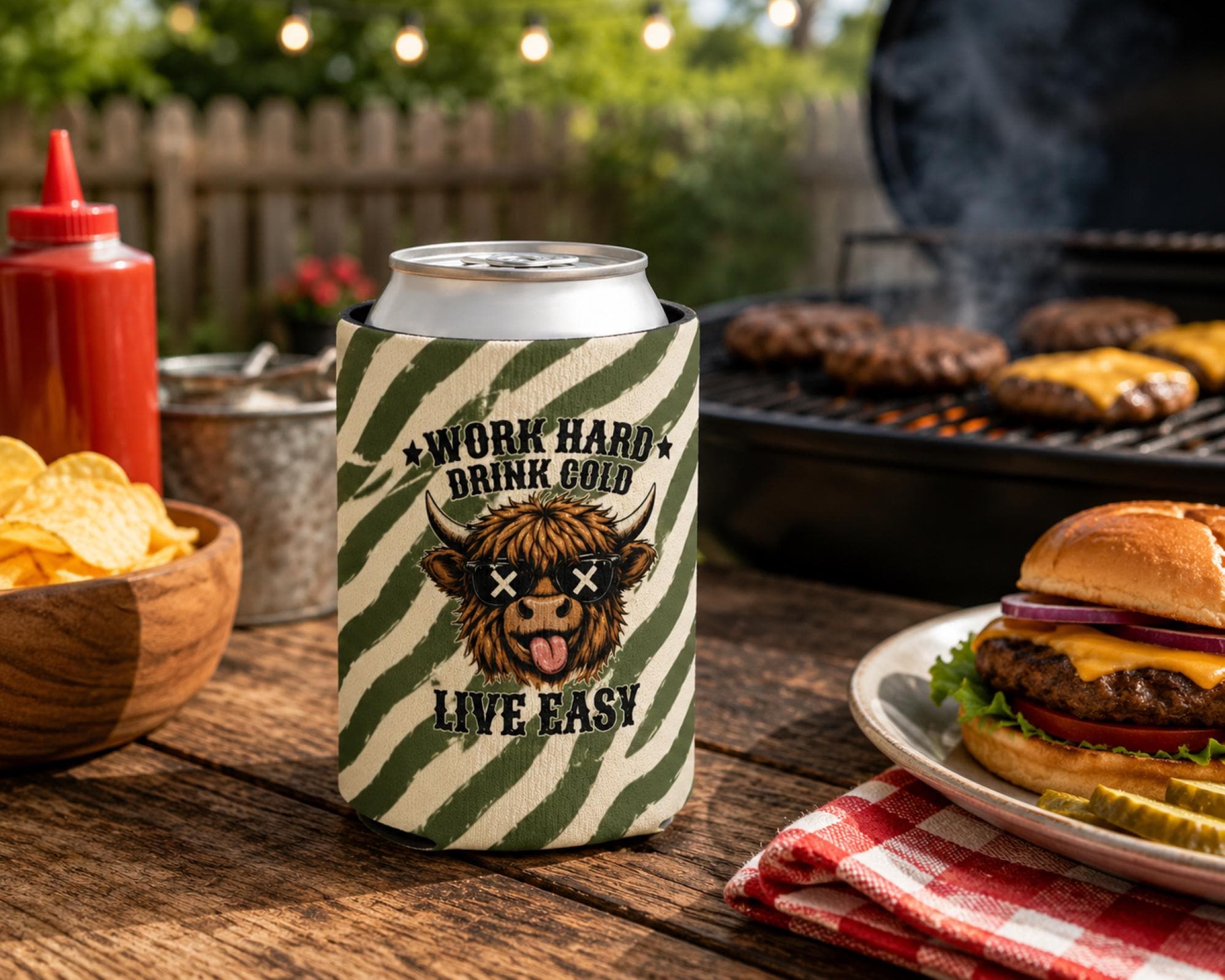 Highland cow can cooler gift idea for campers and BBQ lovers.
