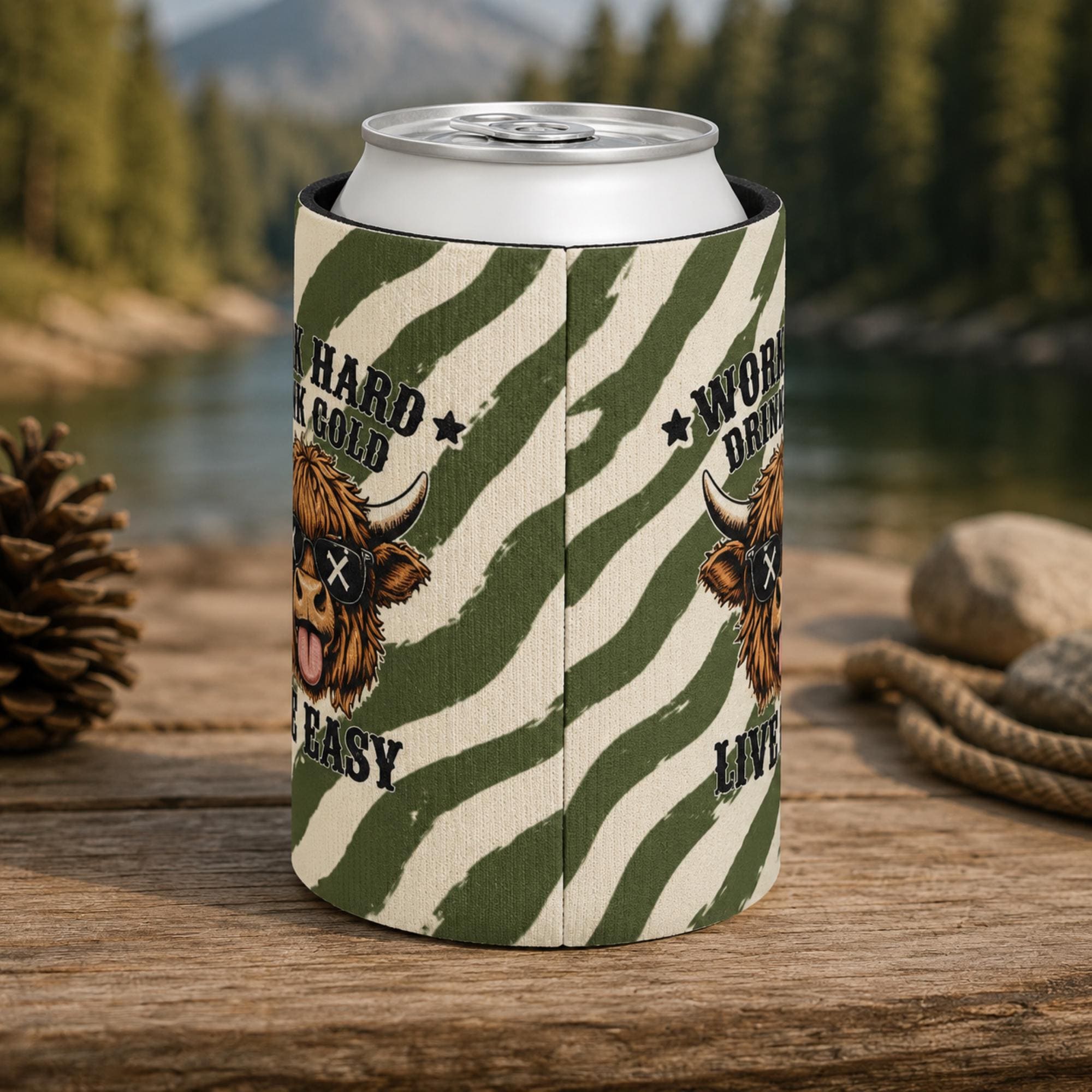 Rustic camping-themed mockup of Highland cow side view of the can cooler.