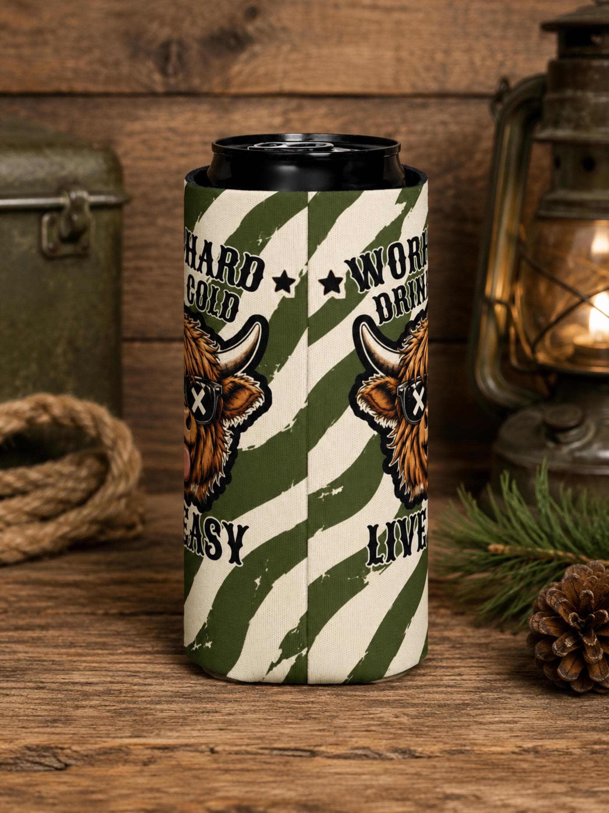 Rustic camping-themed mockup of Highland cow side view of the can cooler.