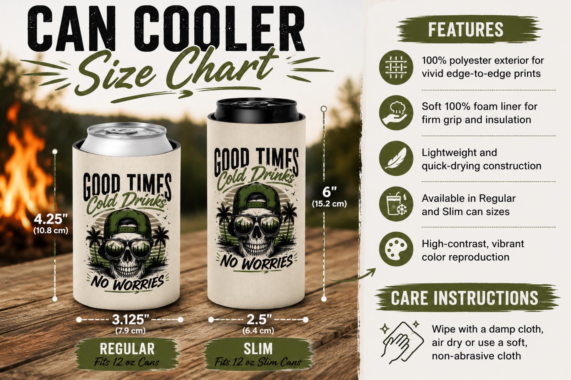 Size chart for the Outdoor camping accessory for cold drinks, slim and reg size